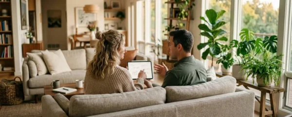 Couple trentenaire de profil, assis sur un canapé dans un salon lumineux, consultant ensemble une tablette