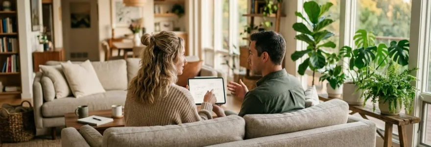 Couple trentenaire de profil, assis sur un canapé dans un salon lumineux, consultant ensemble une tablette