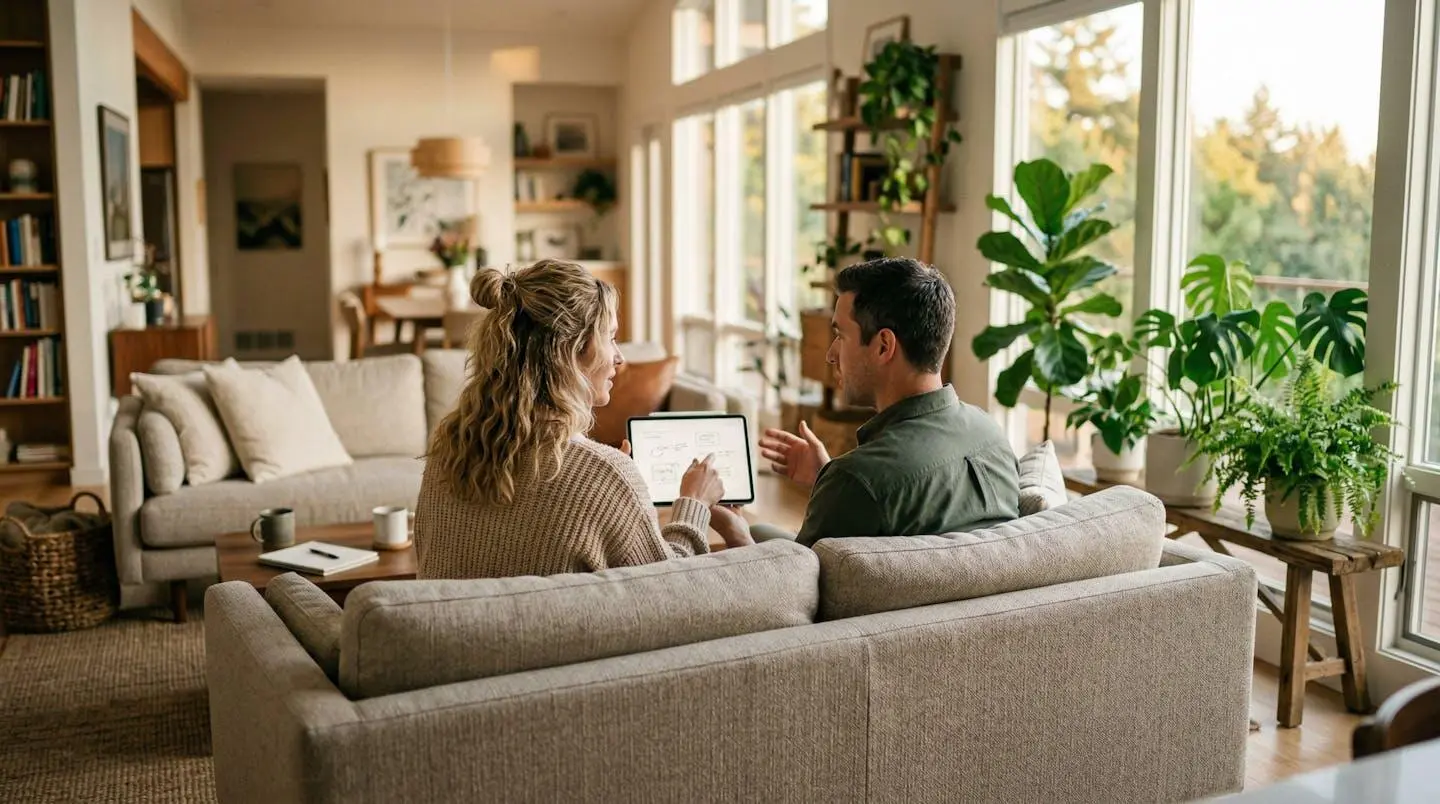 Couple trentenaire de profil, assis sur un canapé dans un salon lumineux, consultant ensemble une tablette