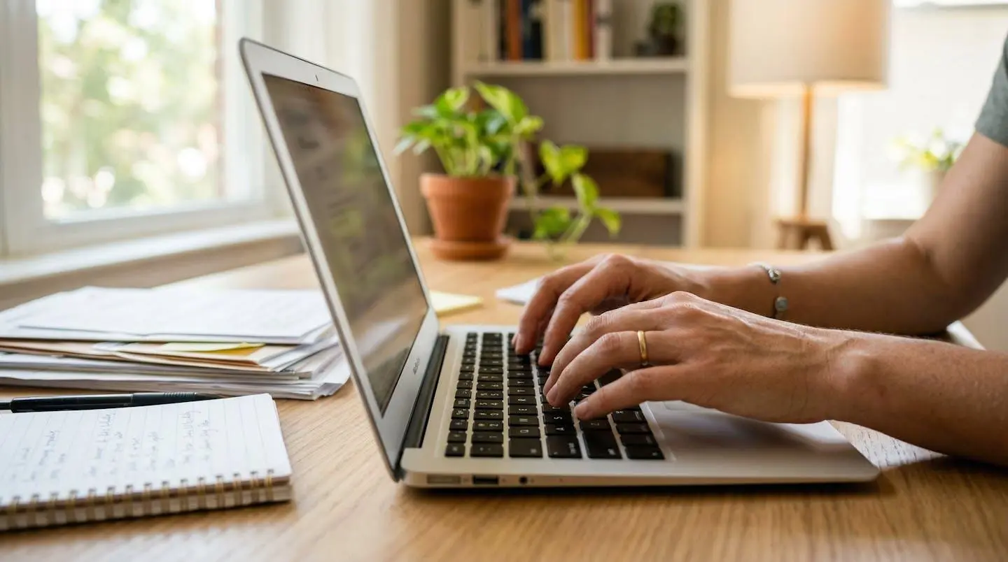 Mains tapant sur un clavier d'ordinateur portable, documents de prêt posés à côté sur un bureau épuré