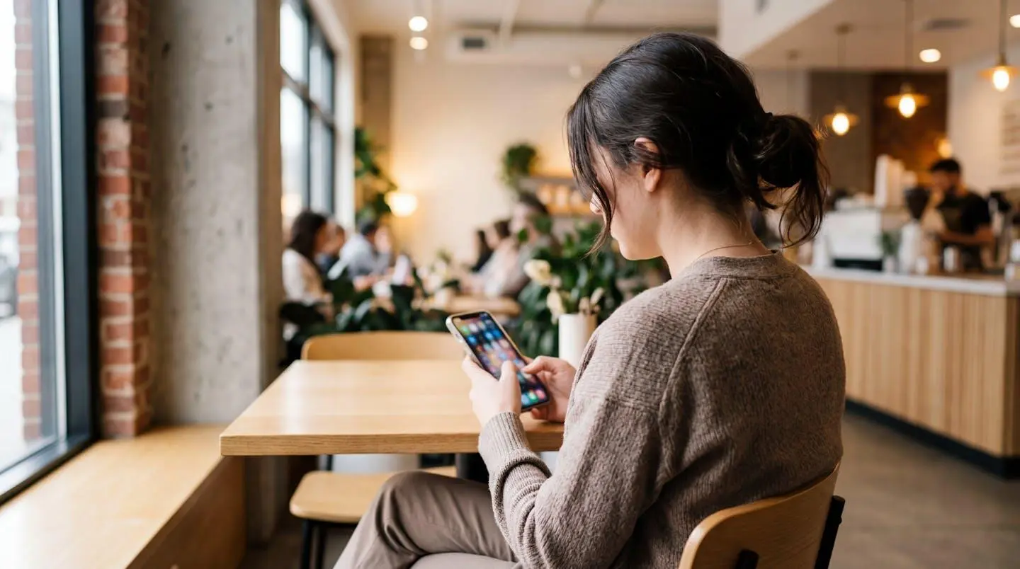 Personne de profil consultant son smartphone dans un café moderne aux tons clairs, ambiance détendue