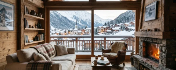 Vue d'un appartement en résidence de montagne à Valmorel avec la station en arrière-plan en hiver
