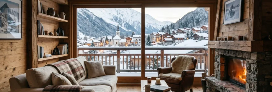 Vue d'un appartement en résidence de montagne à Valmorel avec la station en arrière-plan en hiver