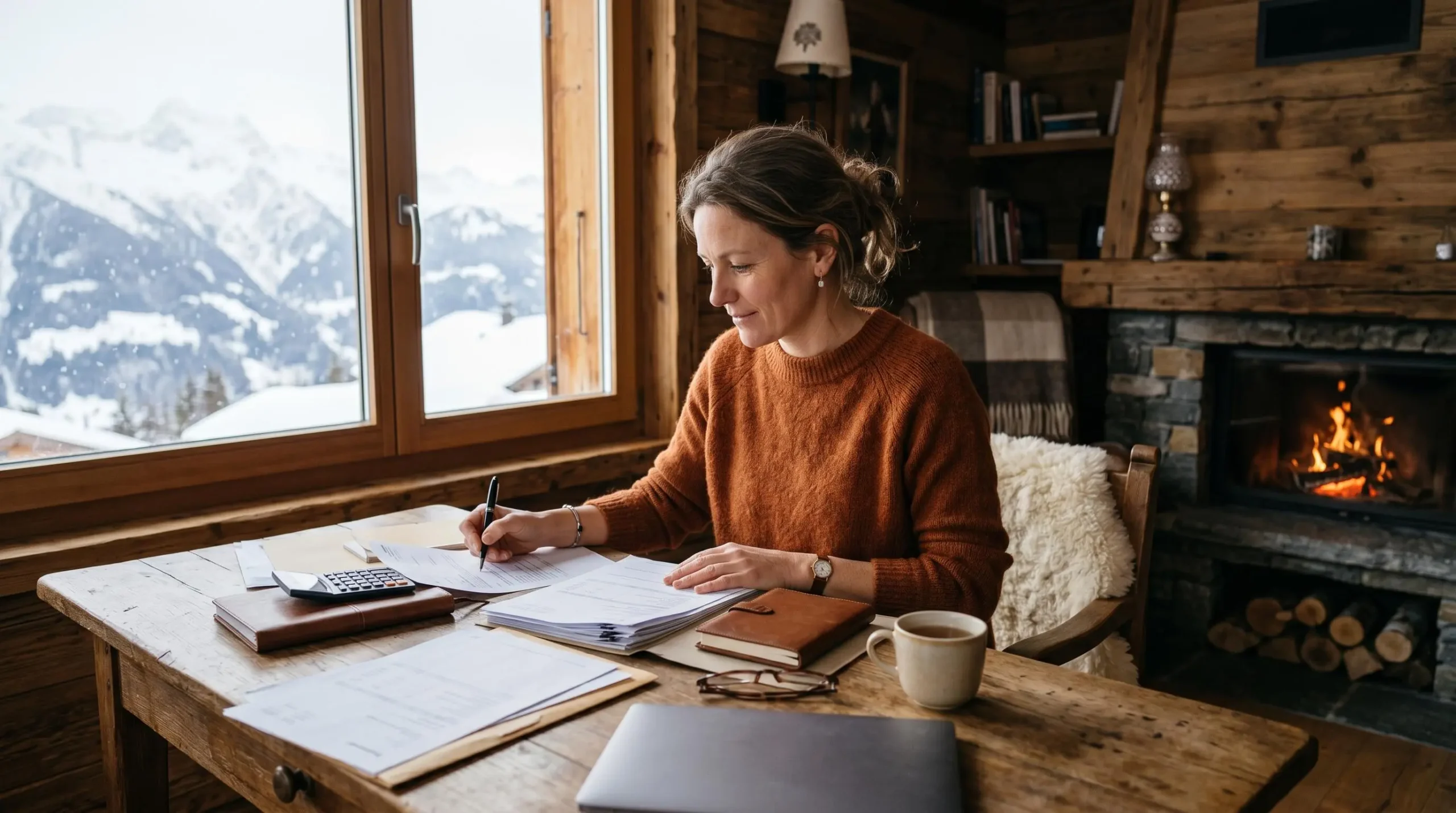 Personne consultant des documents de charges de copropriété pour un appartement en station de ski